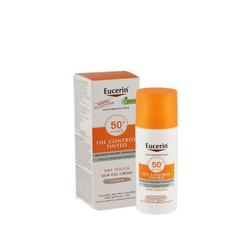 Eucerin Oil Control Tinted Оцветен слънцезащитен гел-крем за мазна и акнеична кожа тъмен нюанс SPF50+ х50 мл