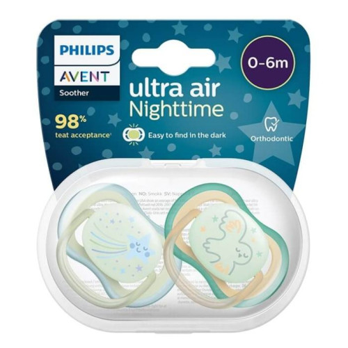 Avent Ultra Air Nighttime Ортодонтична светеща залъгалка с кутийка 0-6М  х 2 броя