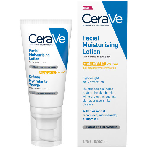 CeraVe AM Хидратиращ крем за лице за нормална и суха кожа SPF50 x52 мл