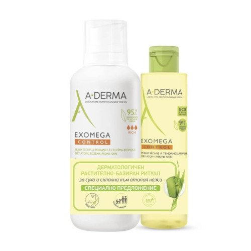 A-Derma Exomega Control Емолиентен балсам 200 ml + Емолиентно душ-олио 100 ml