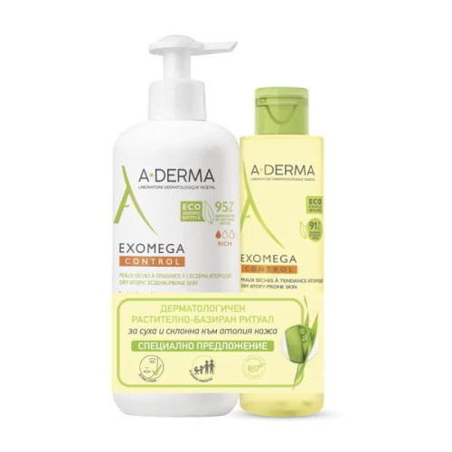 A-Derma Exomega Control Емолиентно мляко 400 ml + Емолиентно душ-олио 200 ml