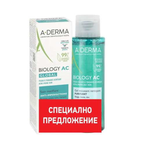 A-Derma Комплект за лице Biology AC Global Матираща грижа срещу несъвършенства и Biology AC Измиваща гел пяна за мазна и склонна към акне кожа